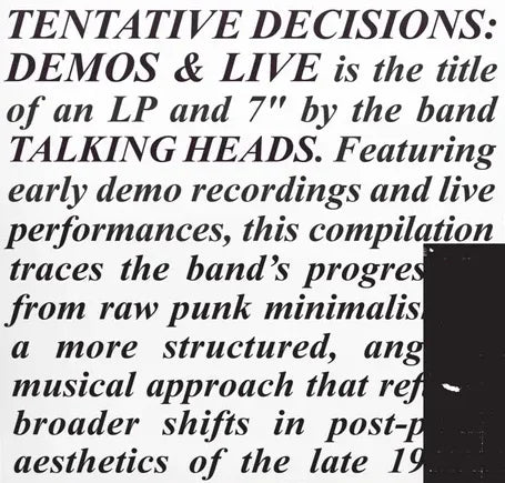 Talking Heads - Tentative Decisions: Demos & Live | RSD Black Friday 2025 White vinyl